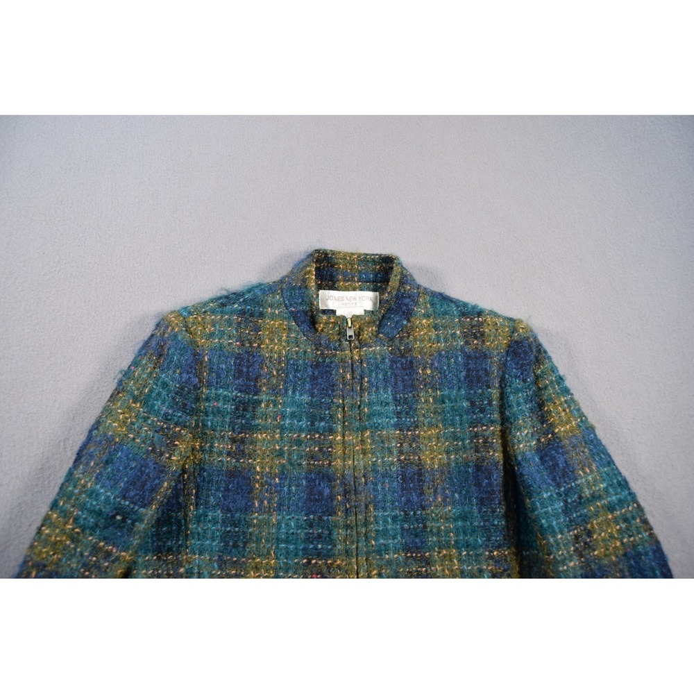 Jones New York Petite Jacket Womens 8P Wool Mohair Plaid Full Zip Fuzzy Blue - Picture 3 of 8